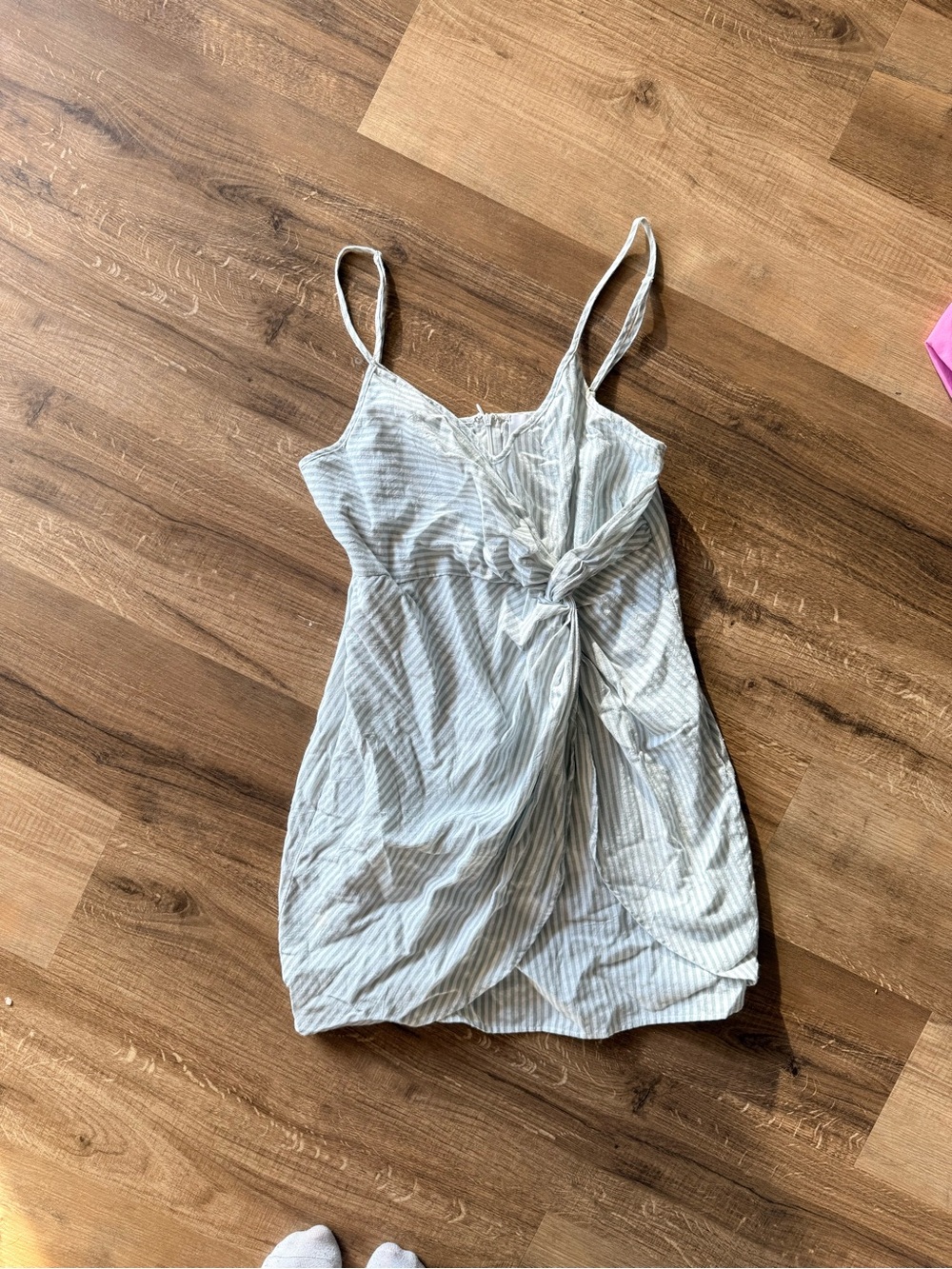 Striped Knot-Front Spaghetti Strap Dress - Green Seersucker